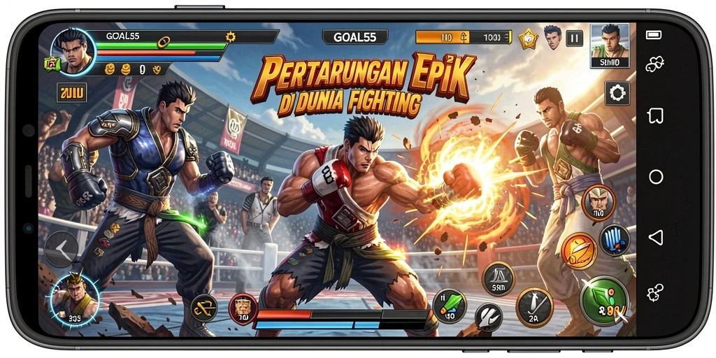 Tampilan gameplay GOAL55 menunjukkan pertarungan intens dan karakter yang beragam.