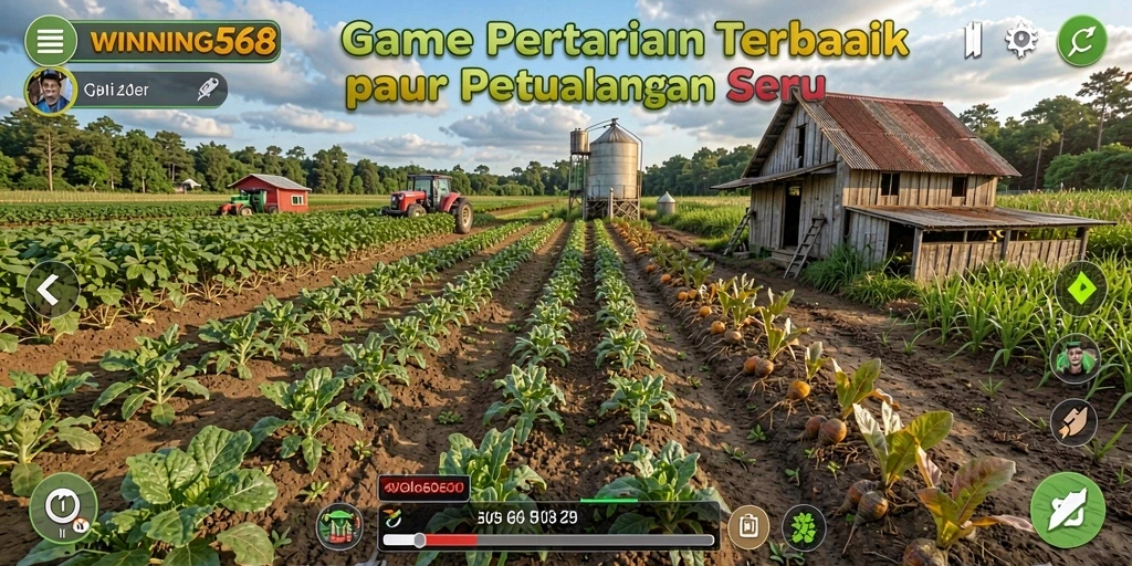 Tangkapan layar gameplay WINNING568 yang menunjukkan ladang dan hewan ternak.